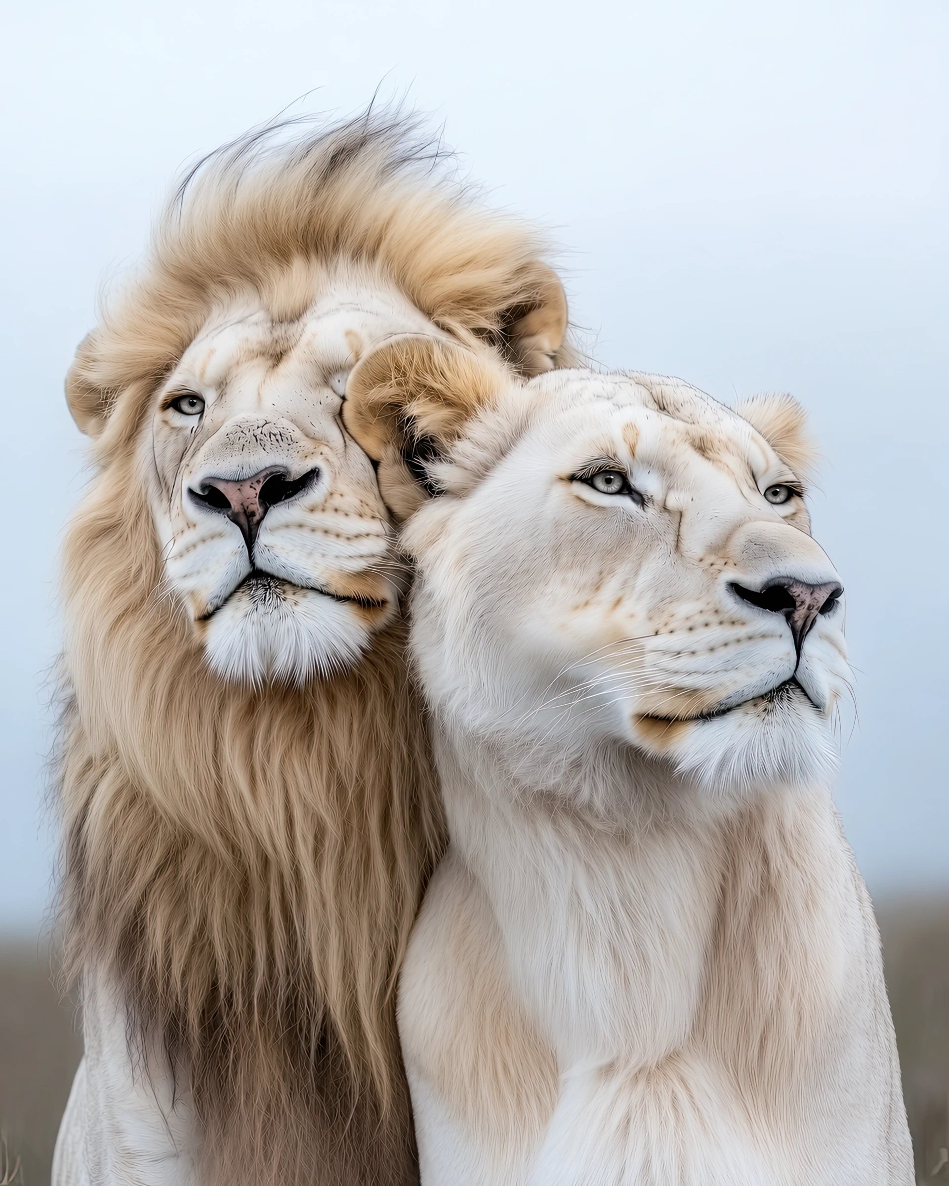A pale cream lion and lioness resting close together
